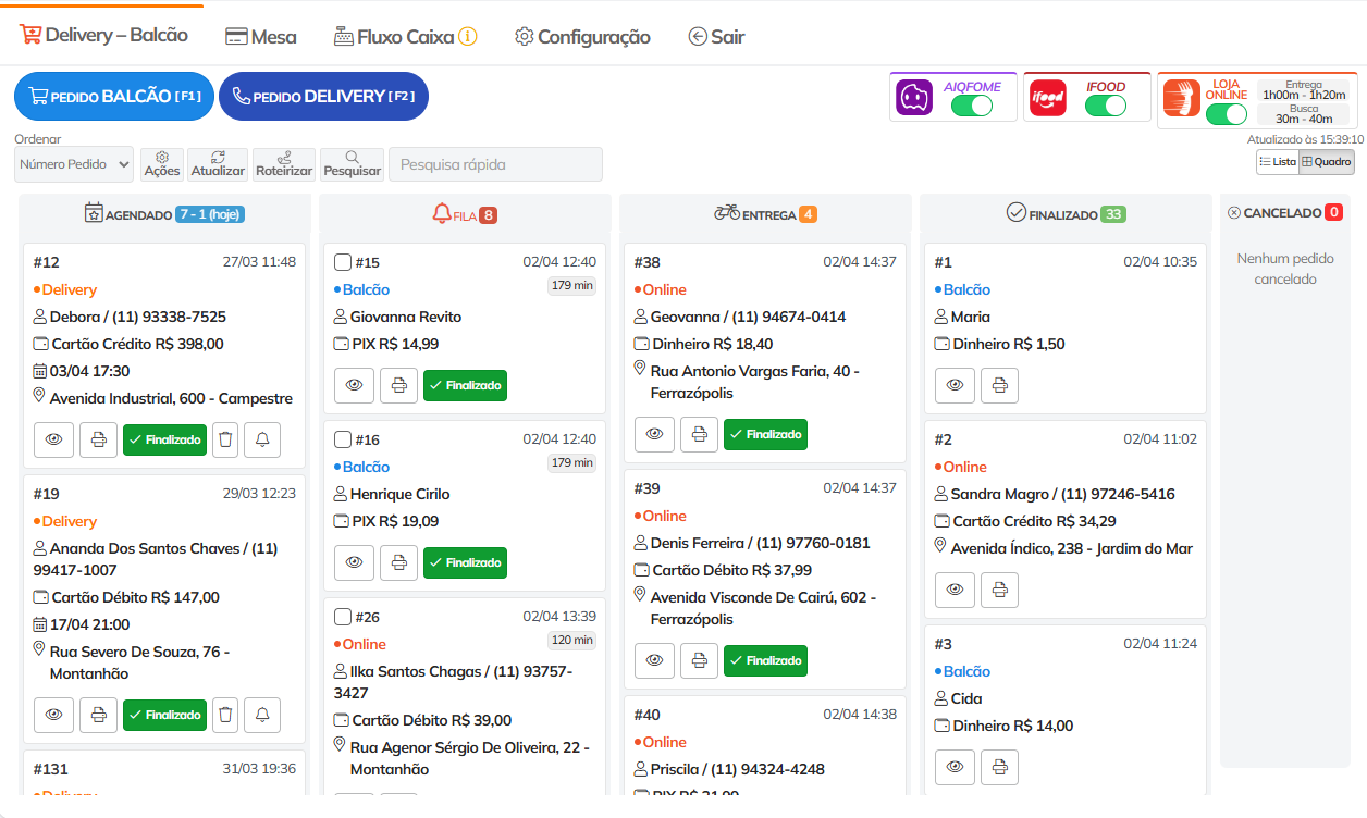 Sistema para delivery SISFOOD - PDV com kanban de pedidos